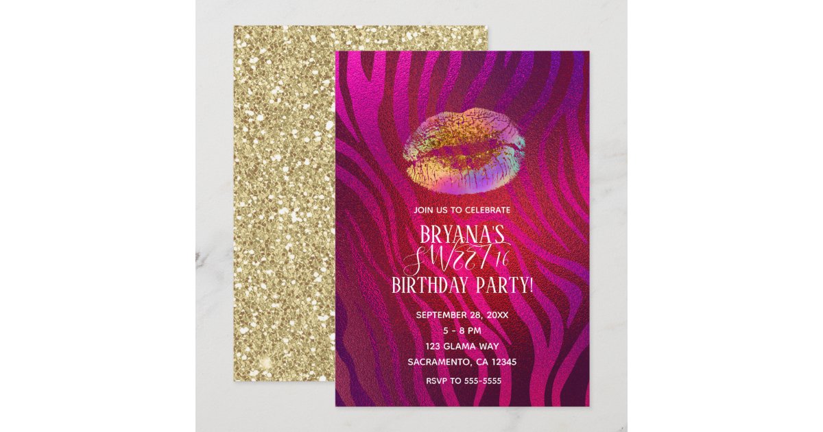 Hot Pink Zebra Rainbow Gold Glitter Lips Party Invitation Zazzle