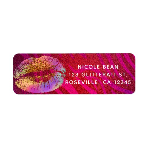 Hot Pink Zebra Rainbow Gold Glitter Lips Party Label
