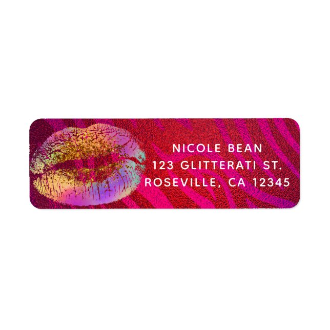 Hot Pink Zebra Rainbow Gold Glitter Lips Party Label (Front)