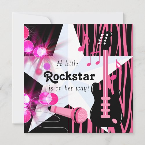 Hot Pink Zebra Rockstar Baby Girl Shower Invitation