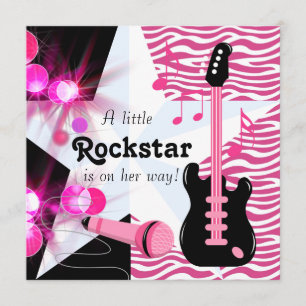 Hot Pink Zebra Rockstar Baby Girl Shower Invitation