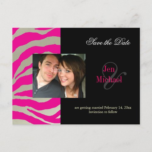 Hot pink zebra Save the Date Photo postcards Announcement Postcard