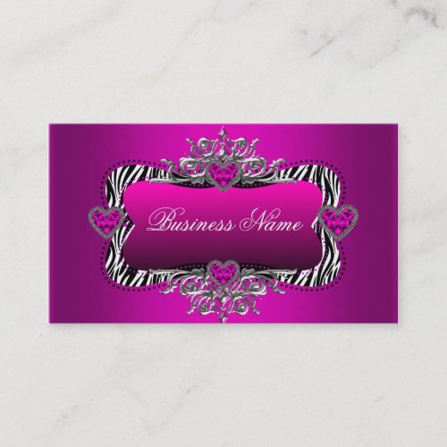 Hot Pink Zebra Silver Diamond Hearts Elegant Business Card