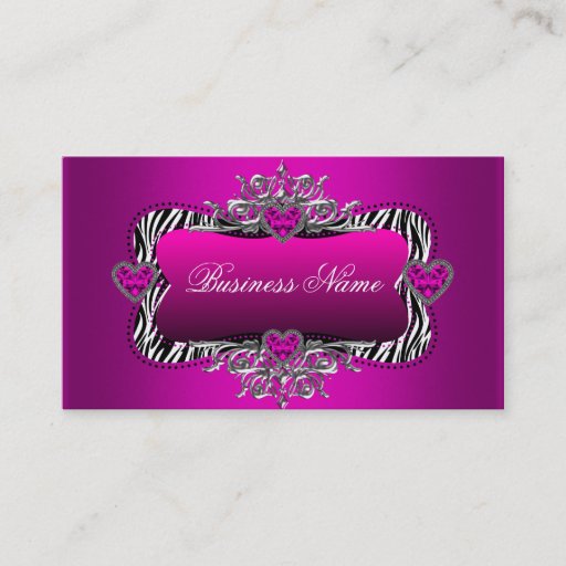 Customizable Hot Pink Zebra Silver Diamond Hearts Elegant Business Cards