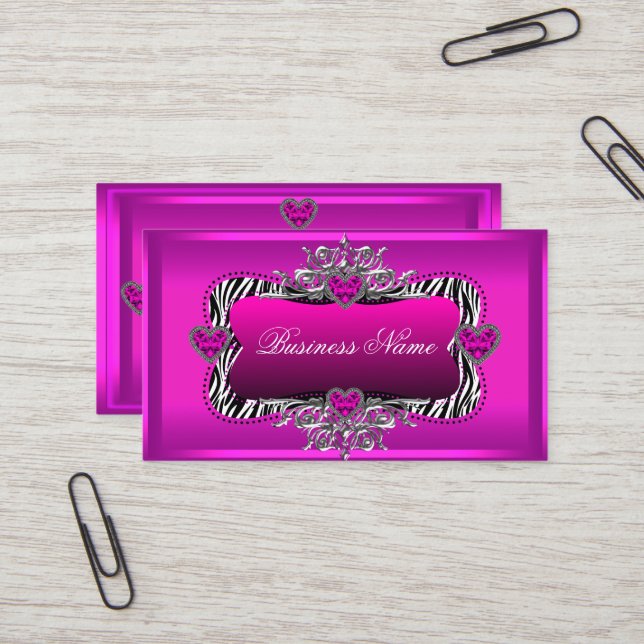 Hot Pink Zebra Silver Diamond Hearts Elegant Business Card (Front/Back In Situ)