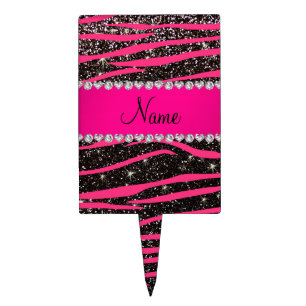 Hot pink zebra stripes black glitter pink stripe cake topper
