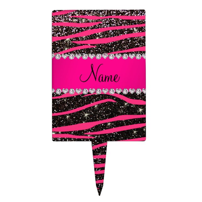 Hot pink zebra stripes black glitter pink stripe cake topper (Front)