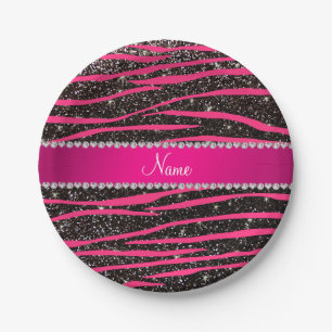 Hot pink zebra stripes black glitter pink stripe paper plates