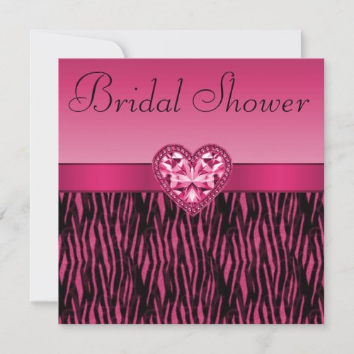 Hot Pink Zebra Stripes &amp; Bling Heart Bridal Shower Custom Invitations