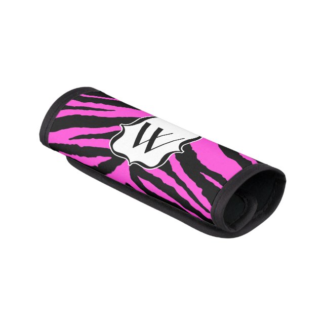 Hot Pink Zebra Stripes Monogram Any Letter Luggage Handle Wrap (Angled)