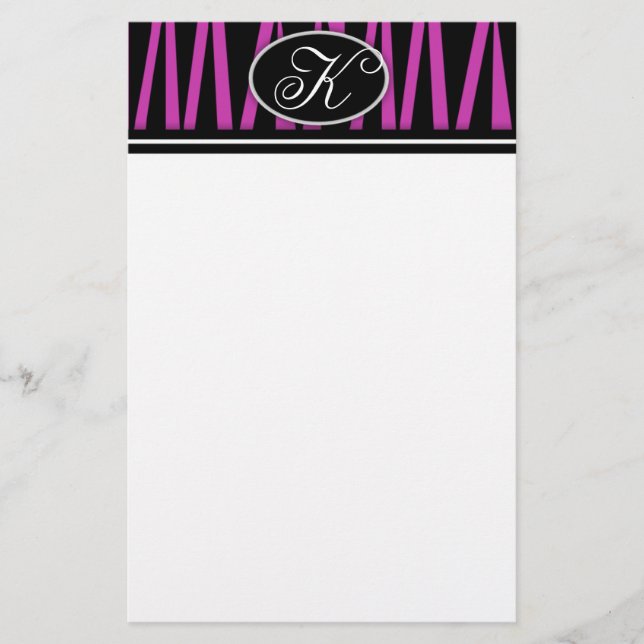 Hot Pink Zebra Stripes Monogrammed Stationery (Front)