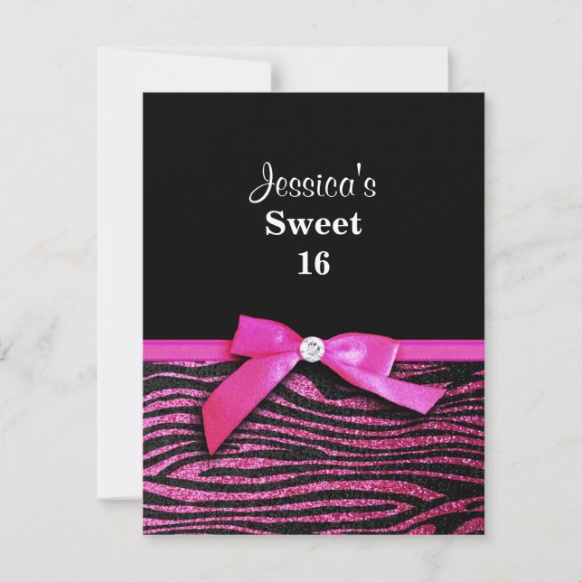 Hot pink zebra Sweet 16 Birthday Party Invitations (Front)