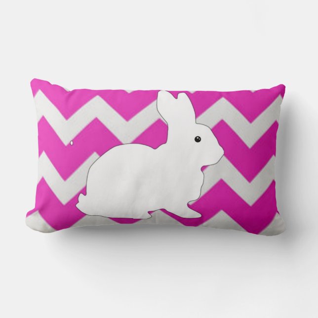 Hot Pink Zig Zag Chevron With White Bunny Lumbar Pillow (Front)