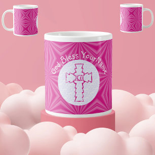 Hot Pink Zig-Zag Cross Pink White Personalized Giant Coffee Mug