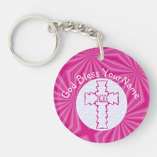 Hot Pink Zig Zag Cross White and Bright Pink Keychain (Front)