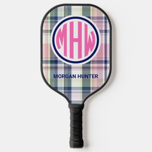 Hot Pk Circle Monogram Font Pink Navy Green Madras Pickleball Paddle