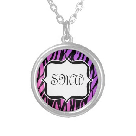 Hot Purple/pink Zebra Monogram Silver Plated Necklace
