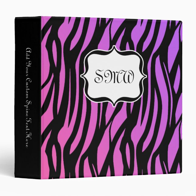 Hot Purple/Pink Zebra Stripes Monogram 3 Ring Binder (Front/Spine)