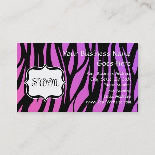 Hot Purple/Pink Zebra Stripes Monogram Business Card (Front)