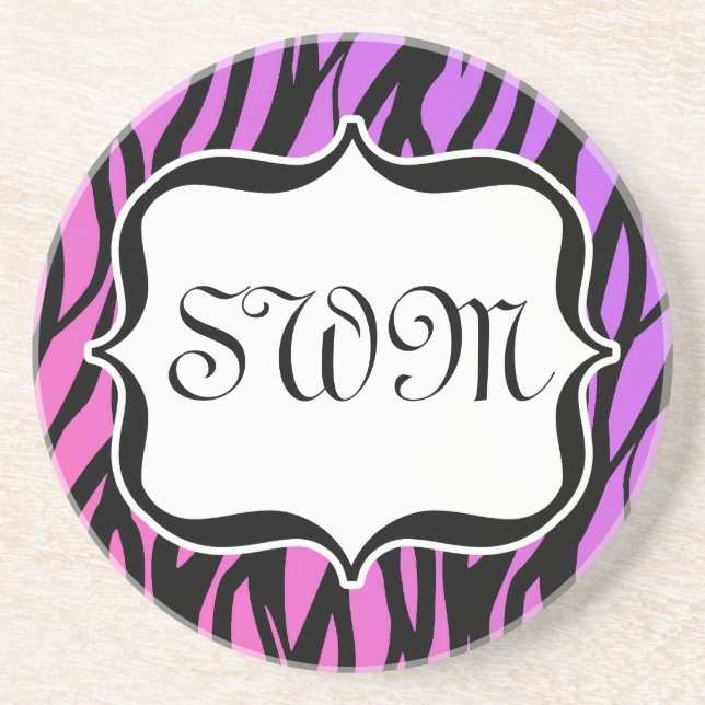 Hot Purple/Pink Zebra Stripes Monogram Coaster (Front)