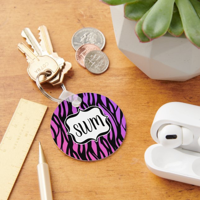 Hot Purple/Pink Zebra Stripes Monogram Keychain (Desk)