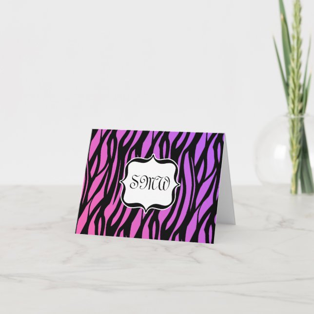 Hot Purple/Pink Zebra Stripes Monogram Note Card (Front)
