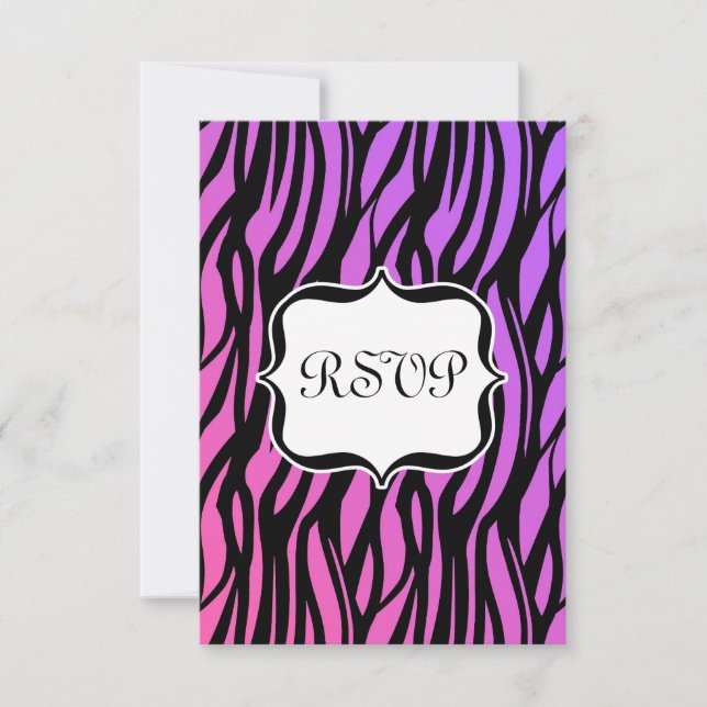 Hot Purple/Pink Zebra Stripes Monogram RSVP Card (Front)