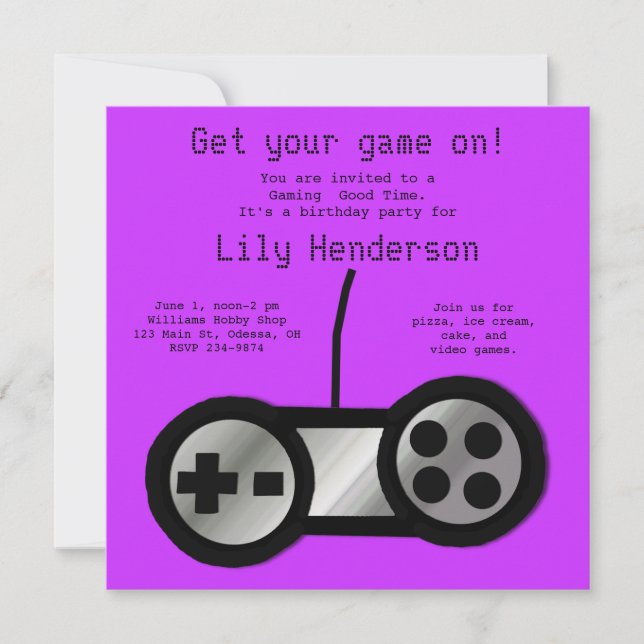 Hot Purple Video Gaming Party Invitation (Front)