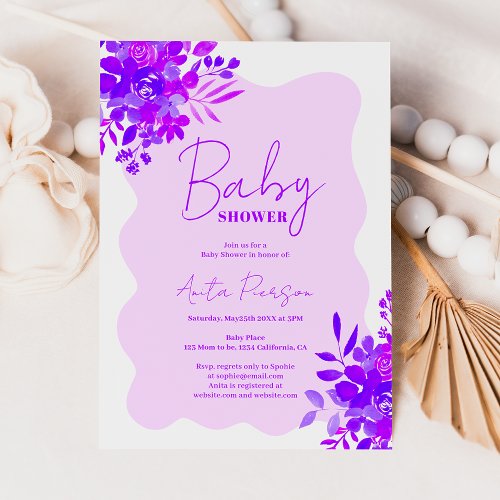 Hot purple wavy frame boho floral baby shower invitation