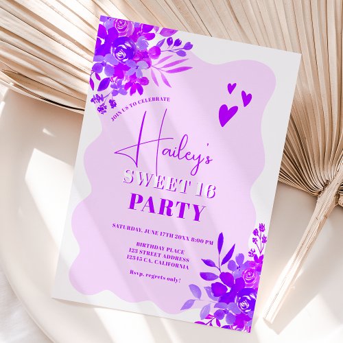 Hot purple wavy frame boho floral Sweet 16 Invitation