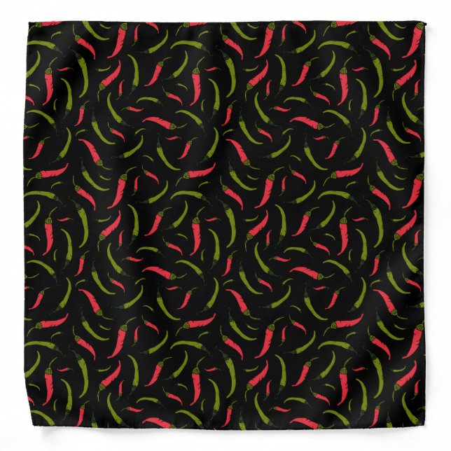 Hot Red and Green Chilli Peppers Print on Black Bandana (Front)