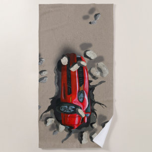 Hot Red Car Smashing Through Wall Beach Towel