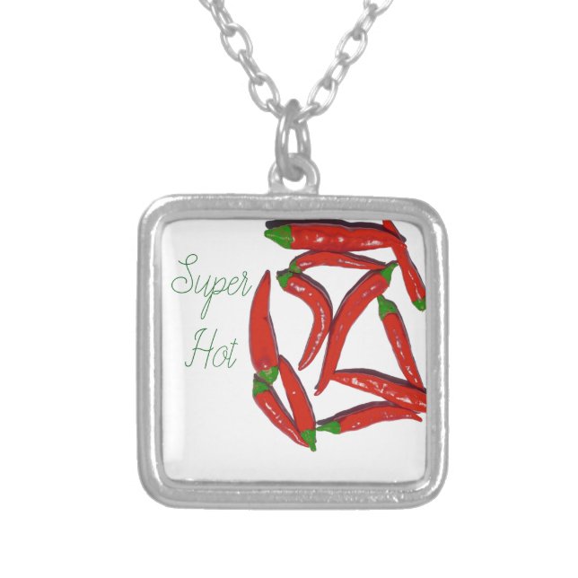 Hot Red Chili Peppers Pattern Silver Plated Necklace (Front)