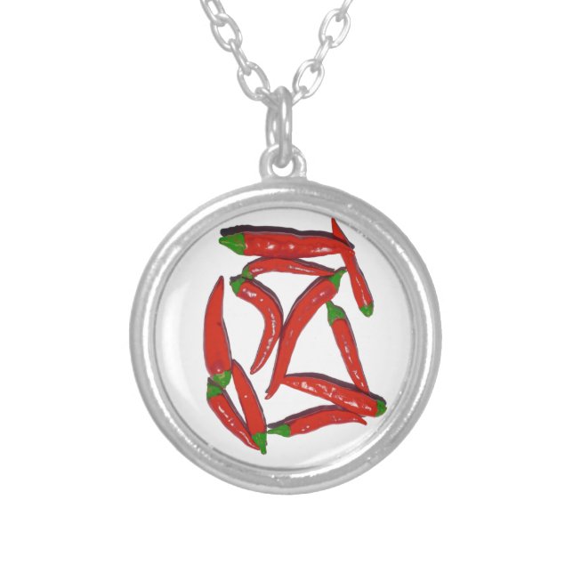 Hot Red Chili Peppers Pattern Silver Plated Necklace (Front)
