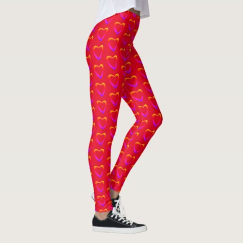 Hot Red Colorful Hearts Pattern Valentines  Leggings