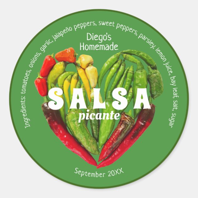 Hot red green chili peppers heart food label (Front)