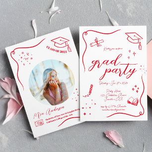 Hot Red Hand-drawn Scrible Graduation Invitation