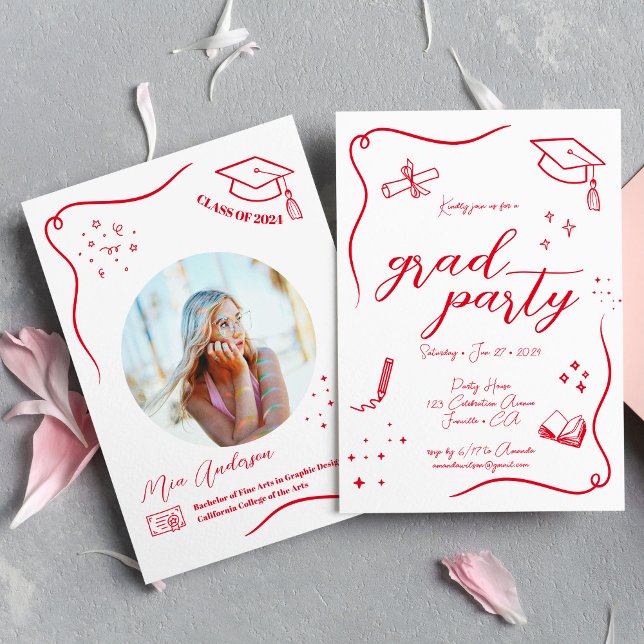 Hot Red Hand-drawn Scrible Graduation Invitation (Creator Uploaded)