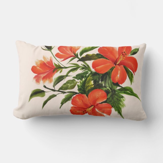 Hot Red Hibiscus Lumbar Pillow (Front)