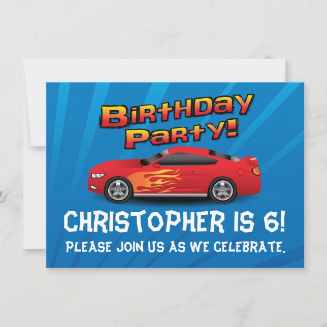 Hot Red Race Car Flames Boy's Birthday Party Med. Invitation (Front)