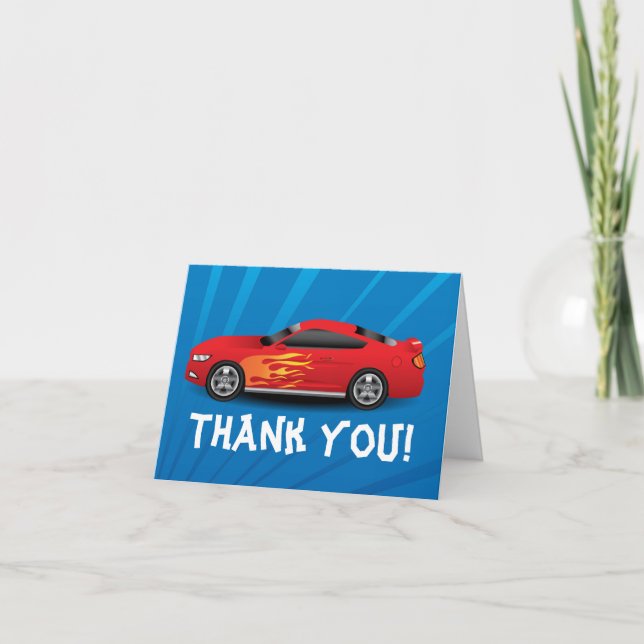 Hot Red Race Car Flames Boy's Birthday Thank You (Front)