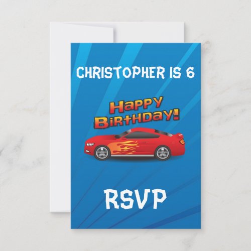 Hot Red Race Car with Flames Boys Birthday Party Invitation