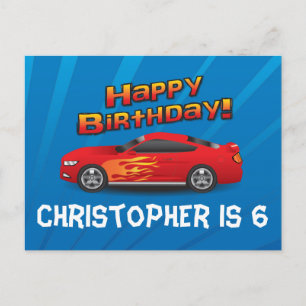 Hot Red Race Car with Flames Boy's Birthday Party Invitation Postcard