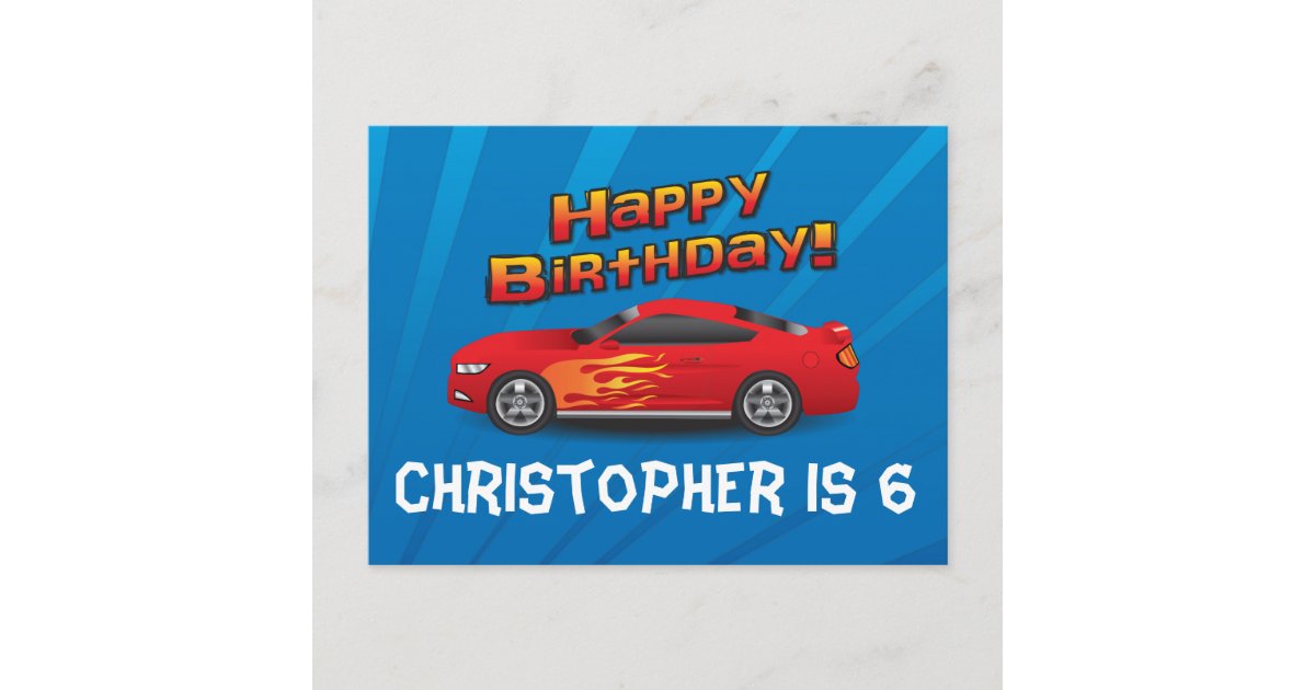 Hot Red Race Car With Flames Boy S Birthday Party Invitation Postcard