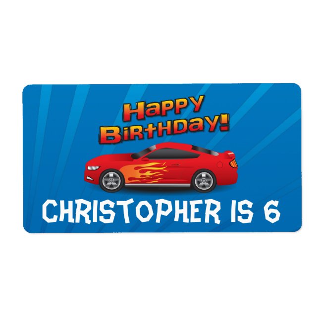 Hot Red Race Car with Flames Boy's Birthday Party Label (Front)