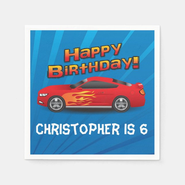 Hot Red Race Car with Flames Boy's Birthday Party Paper Napkins (Front)
