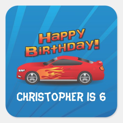 Hot Red Race Car with Flames Boys Birthday Party Square Sticker