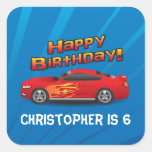 Hot Red Race Car with Flames Boy's Birthday Party Square Sticker