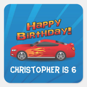 Hot Red Race Car with Flames Boy's Birthday Party Square Sticker