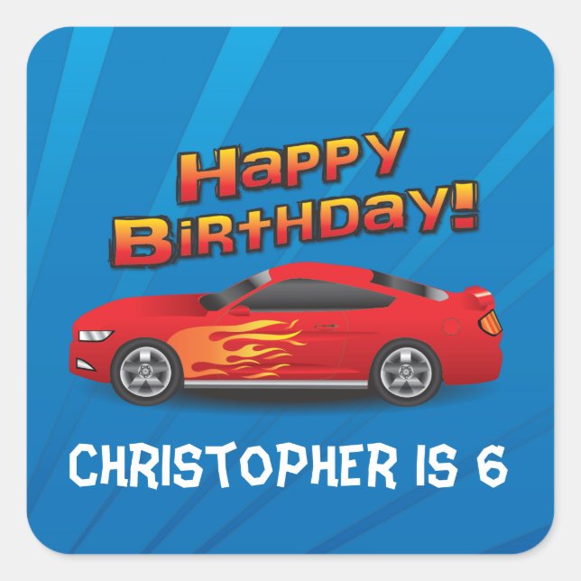 Hot Red Race Car with Flames Boy's Birthday Party Square Sticker (Front)